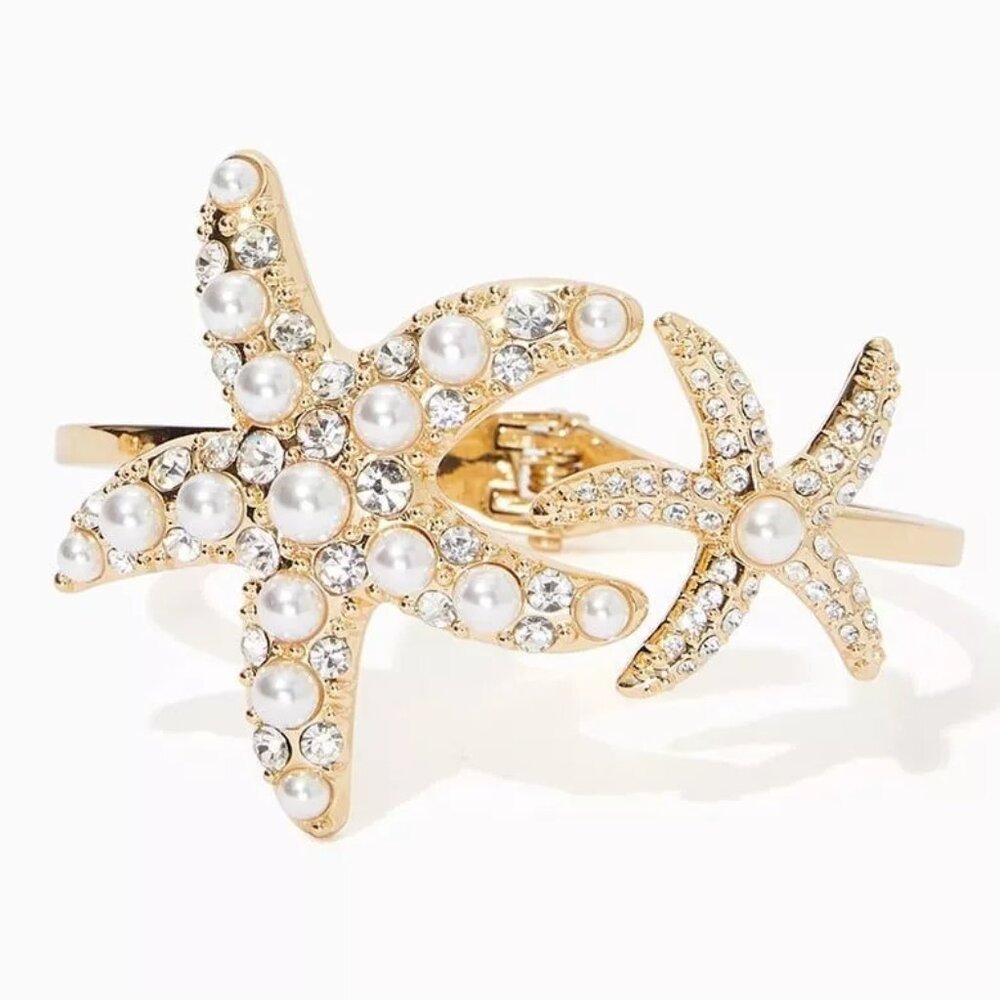 Lilly Pulitzer Gold Starfish Pearl & Crystal Hinged Cuff Bracelet